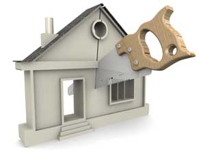 Clipart of handsaw cutting a house in half.